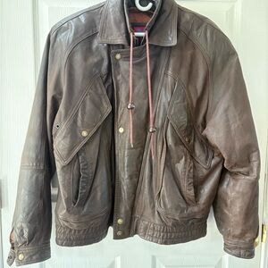 Men's Brown Leather Bomber Jacket with Utility Pockets